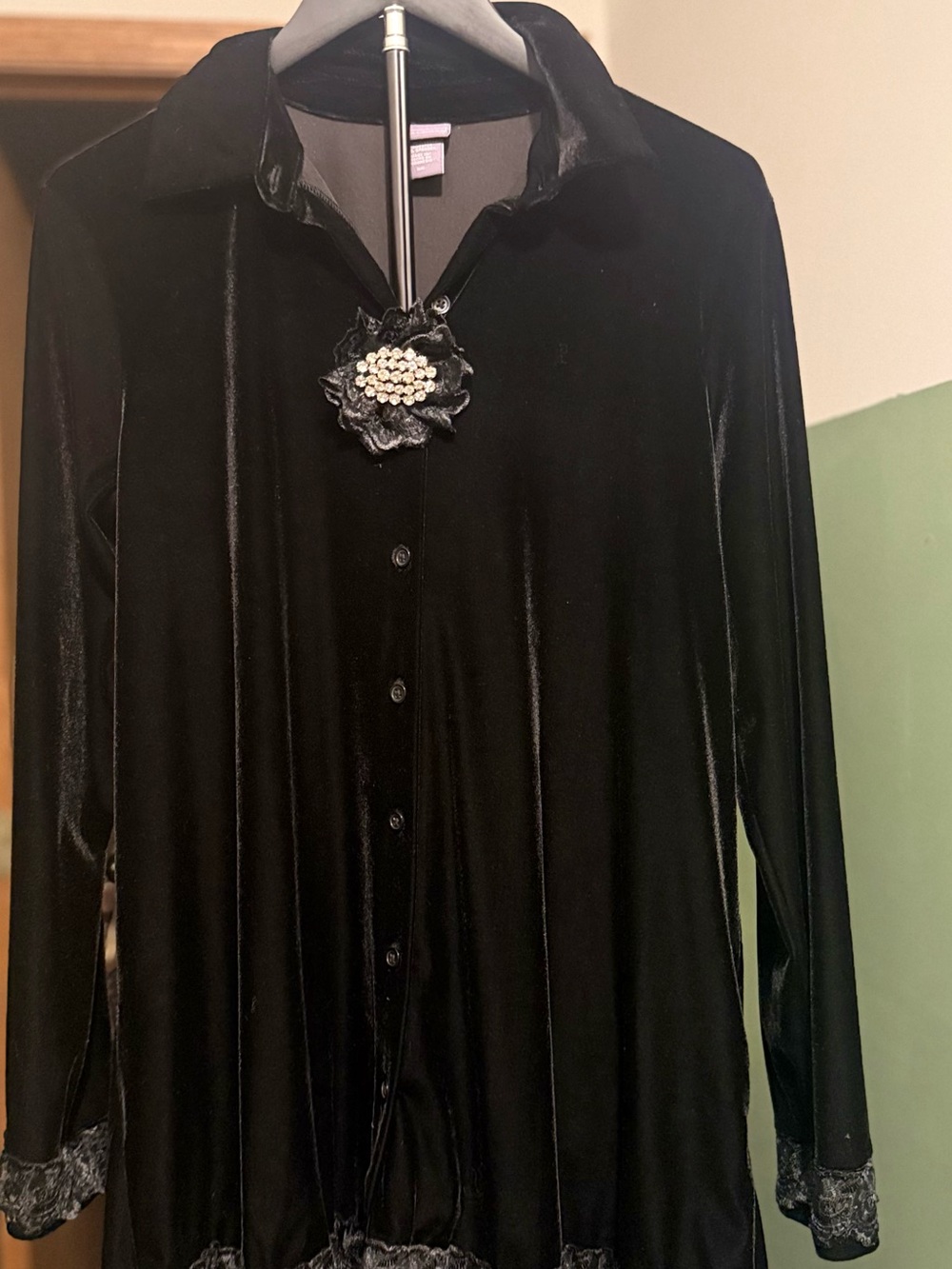 Laura Scott Black Velvet Button-Up Blouse with Decorative Brooch